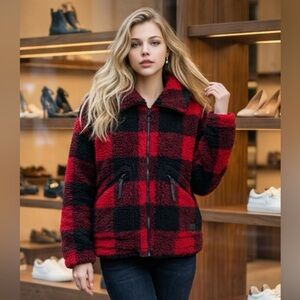Roots Red & Black Plaid Sherpa Zip Jacket